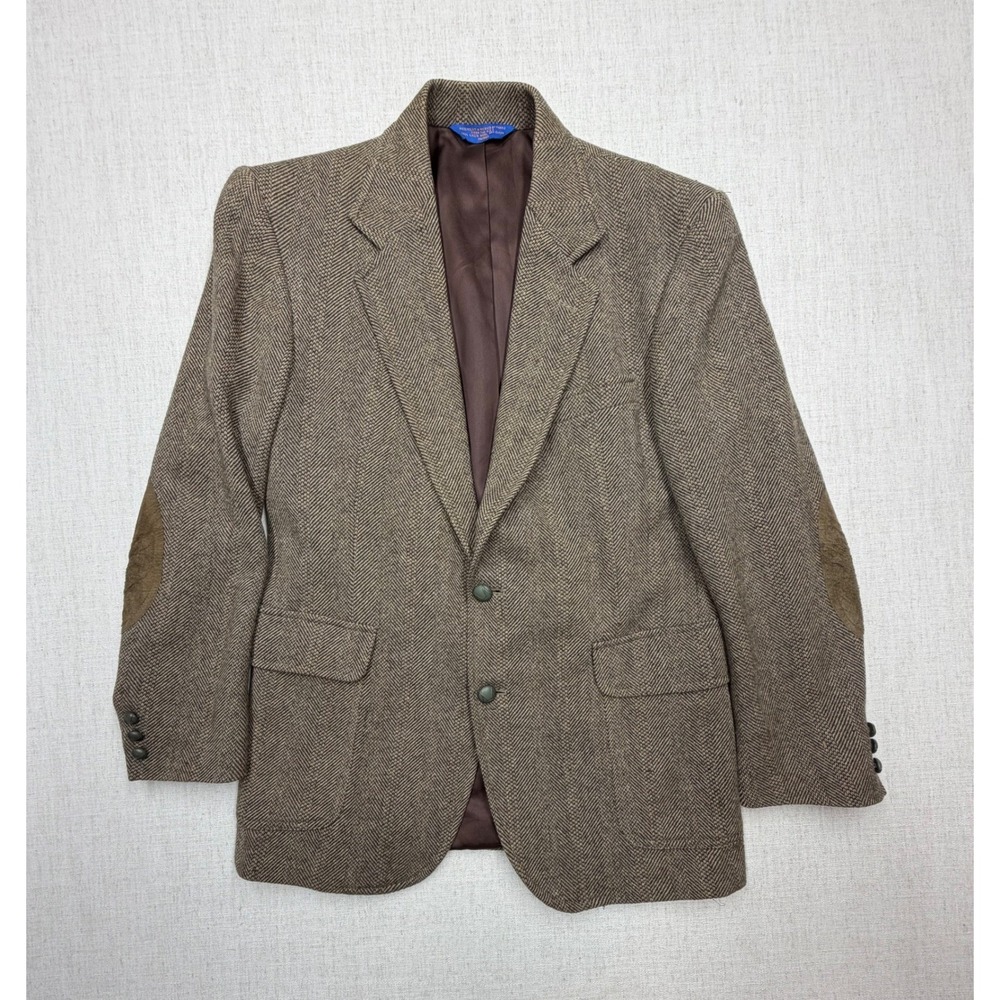 Pendleton Mens 38 Brown Herringbone Virgin Wool Blazer Elbow Patches Sport Coat